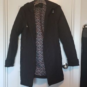 Gently worn black quilted hooded jacket